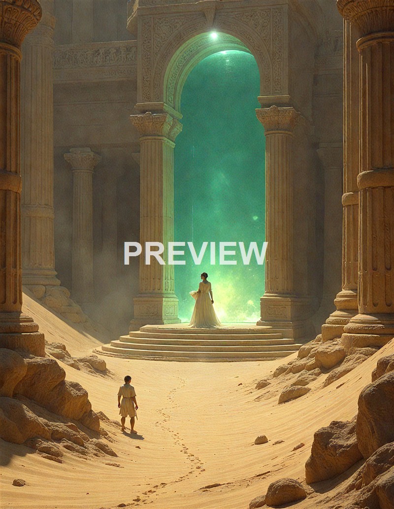 A woman in a flowing dress stands on steps inside an ancient, grand structure with tall columns and an arched doorway, illuminated by a mysterious green light from beyond.